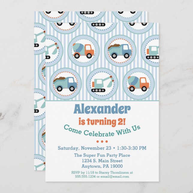 Construction Birthday Invitation Toddler 1st 2nd (Front/Back)