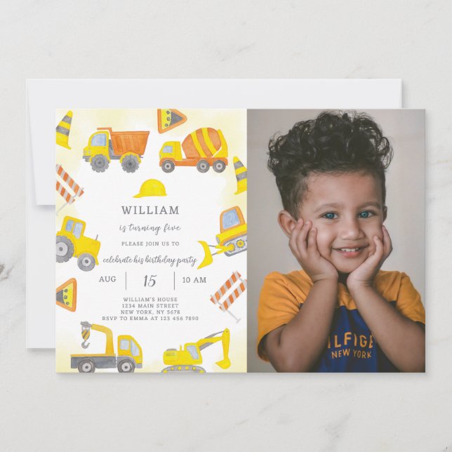 Construction Birthday Invitation With Photo (Front)