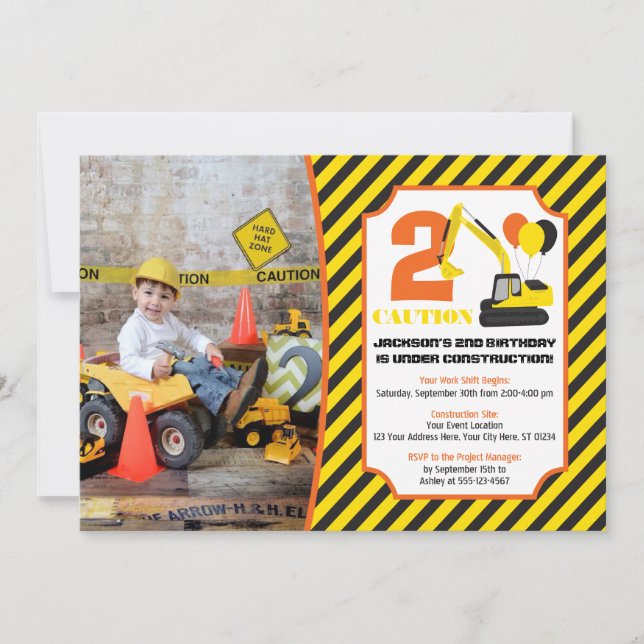 Construction Birthday Invitation with Photo (Front)