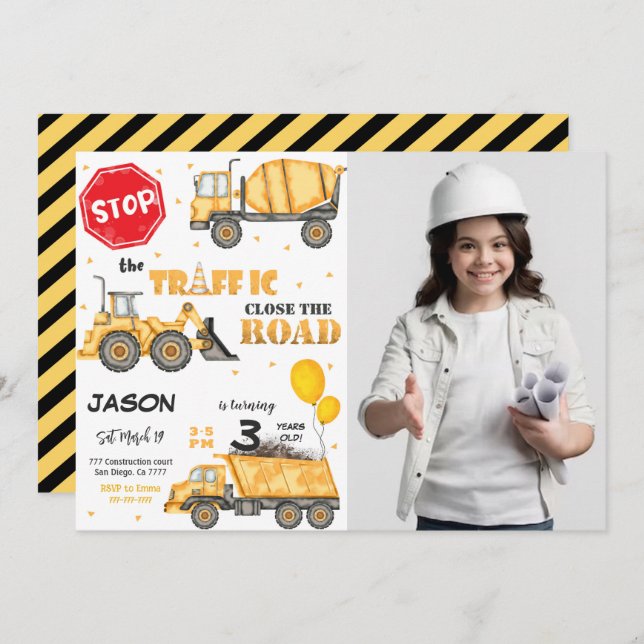 Construction Birthday Invitation with photo (Front/Back)