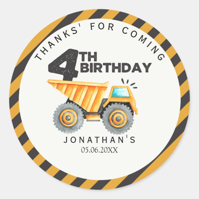 Construction Birthday Party 4 Years Classic Round Sticker (Front)