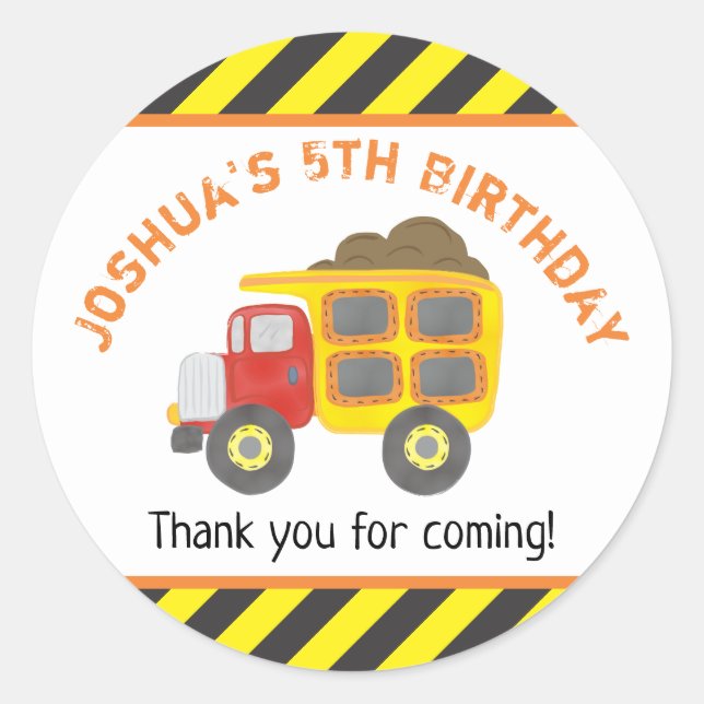Construction Birthday Party Dump Truck Classic Round Sticker (Front)