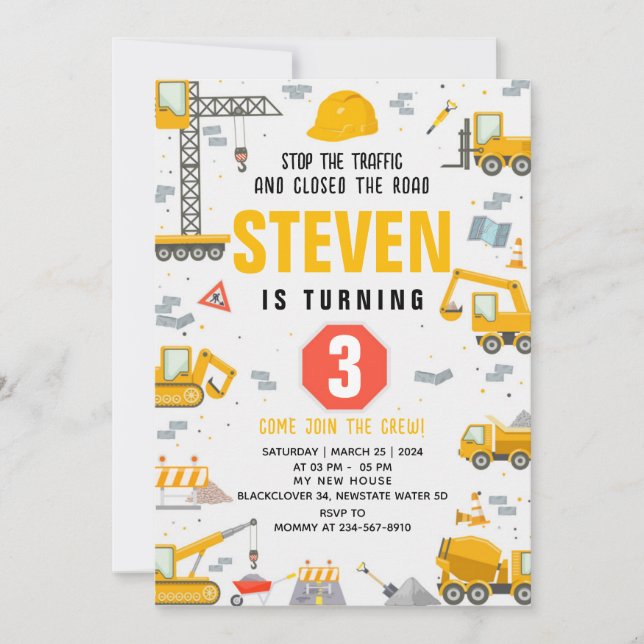 Construction Birthday Party Editable Invitation (Front)