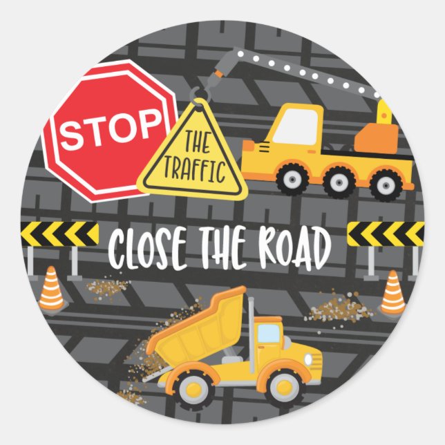 Construction Birthday Party Favor Classic Round Sticker (Front)