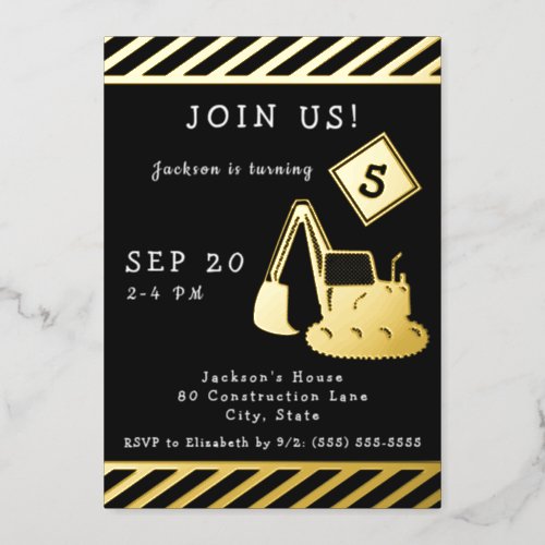 Construction Birthday Party for Boy Gold Foil Invitation