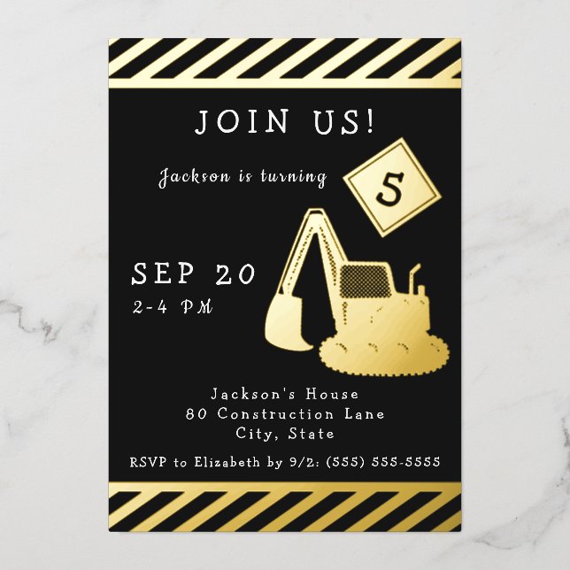Construction Birthday Party for Boy Gold Foil Invitation (Front)