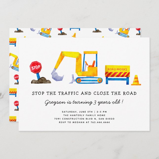 Construction Birthday Party  Invitation (Front/Back)