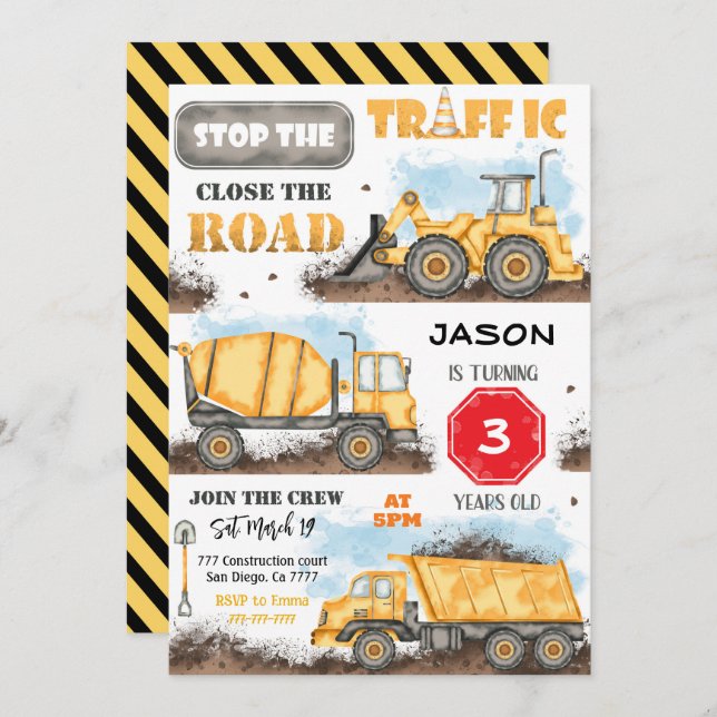 Construction Birthday Party Invitation (Front/Back)