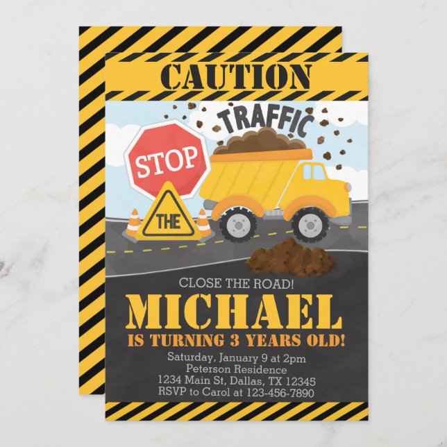 Construction Birthday Party Invitation Invite (Front/Back)