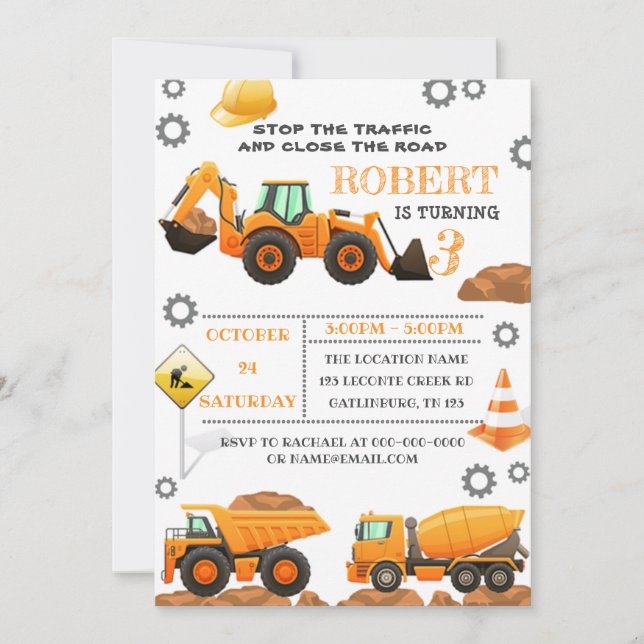 Construction Birthday Party Invitation Template (Front)