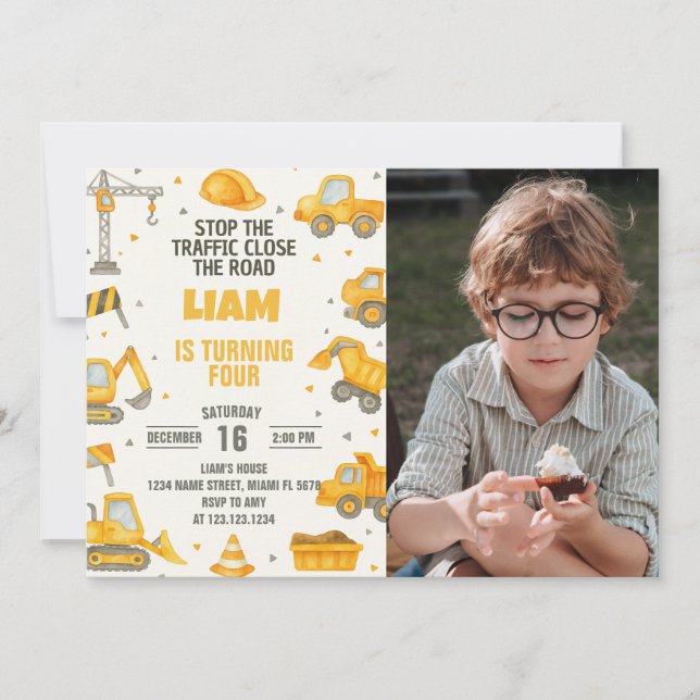 Construction Birthday Party Invitation with photo (Front)