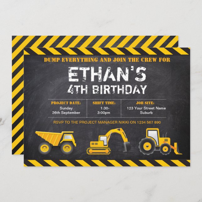Construction Birthday Party  Invitations (Front/Back)
