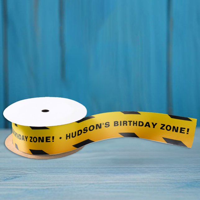 Construction Birthday Party Satin Ribbon – Yellow  (Personalized Ribbon for a Construction Themed Birthday Party )