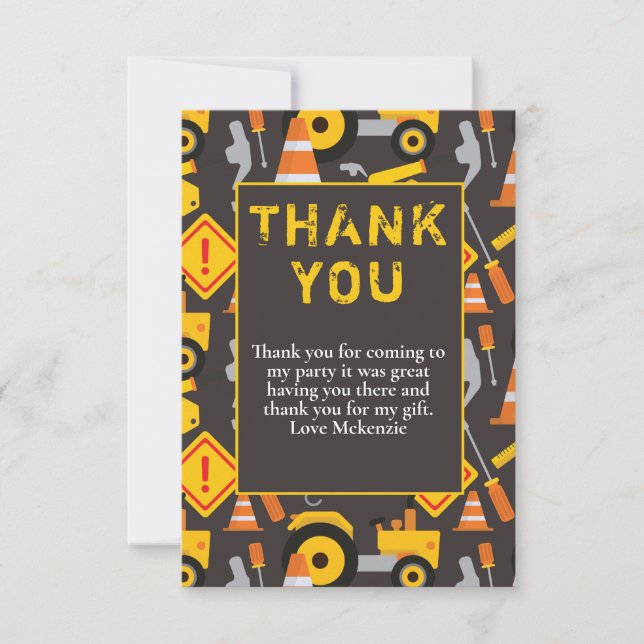 Construction Birthday Party  Thank You Card (Front)