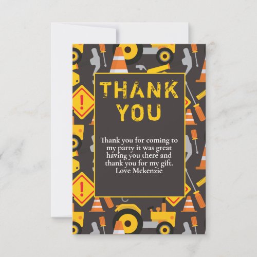 Construction Birthday Party  Thank You Card