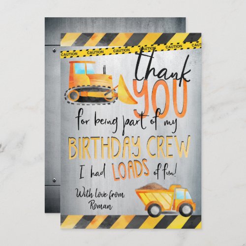 Construction Birthday Party Thank You Note Cards