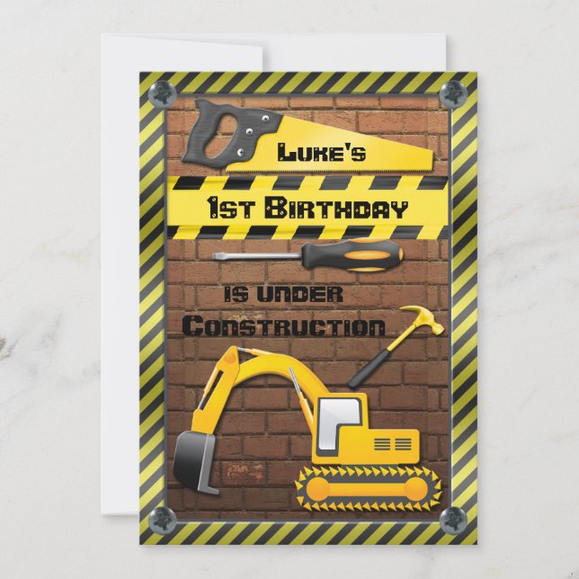 Construction Birthday Party Tools and Diggers Invitation (Front)