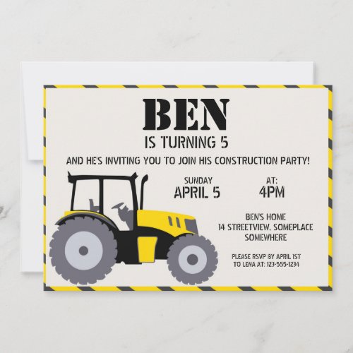 Construction birthday party tractor yellow gray invitation