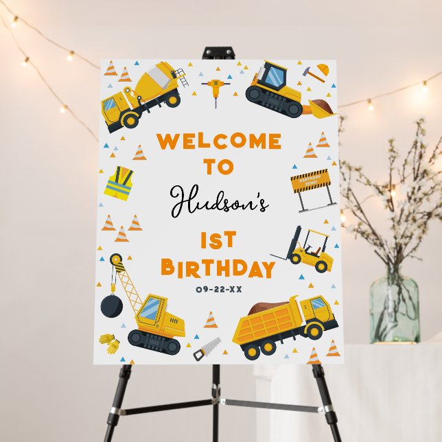 Construction Birthday Party Welcome Sign – Yellow  (In Situ (Stand))