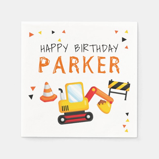 Construction Birthday Personalized excavator Napkins (Front)