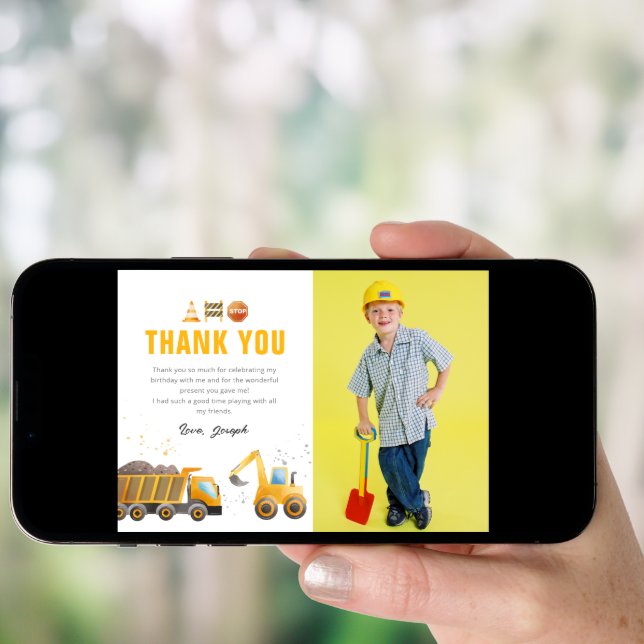 Construction Birthday Photo Thank You Card (Front Digital)