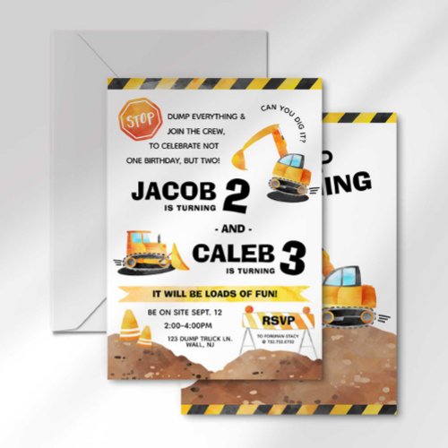 Construction Birthday Sibling Invitation Any Ages