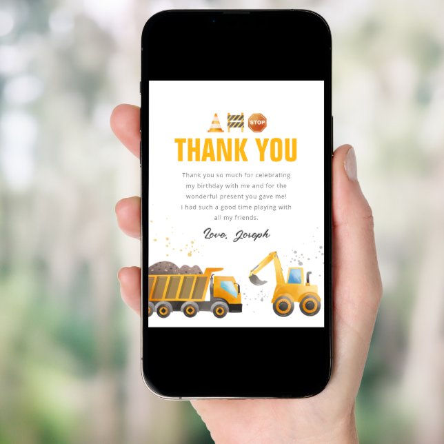 Construction Birthday Thank You Card (Front Digital)