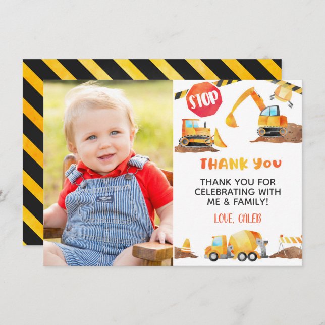 Construction Birthday Thank You Card - Photo (Front/Back)