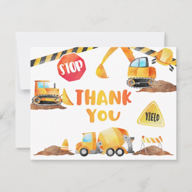 Construction Birthday Thank You Card - WH (Front)