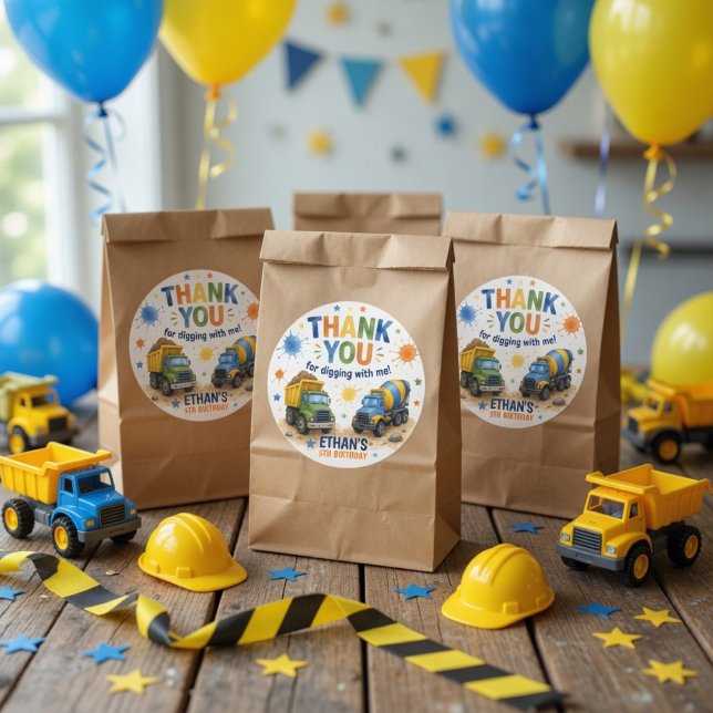 Construction Birthday Thank You Digging With Me  Classic Round Sticker (Creator Uploaded)