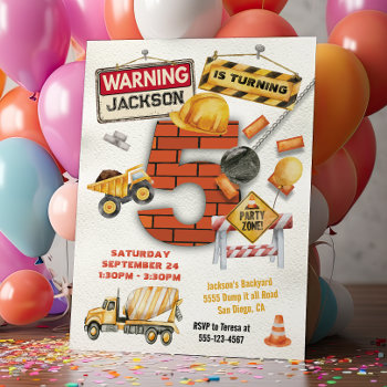 Construction Birthday Turning Five Wrecking Ball Invitation by McBooboo at Zazzle