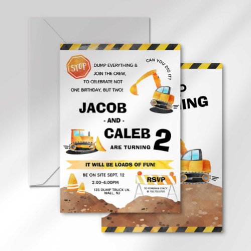 Construction Birthday Twin Invitation Any Age