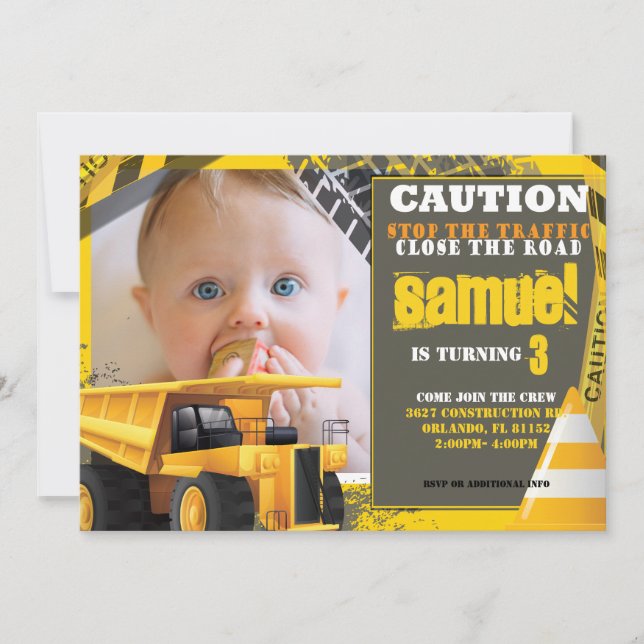 Construction Birthday with Photo Invitation (Front)