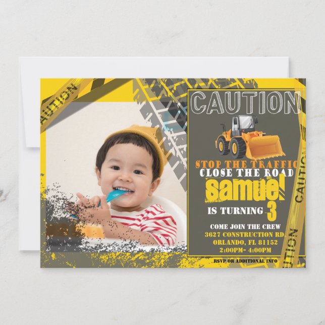 Construction Birthday with Photo Invitation (Front)