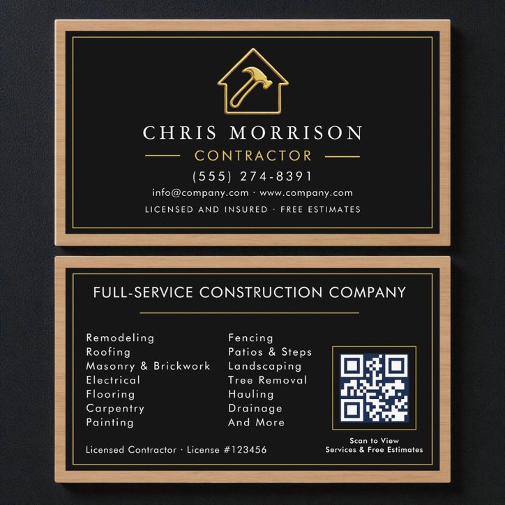 Construction Black Gold Metallic Wood QR Code Business Card