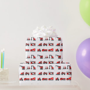 Construction, Black & Red Trucks, Crane, Tractor Wrapping Paper