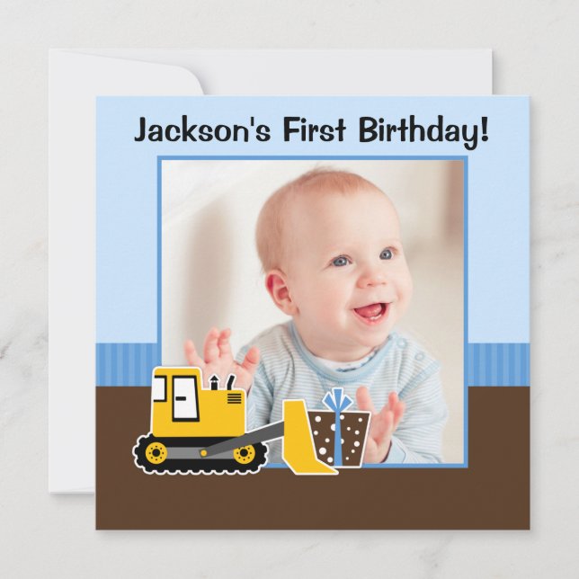 Construction Blue Brown 1st Birthday Boy Photo Invitation (Front)