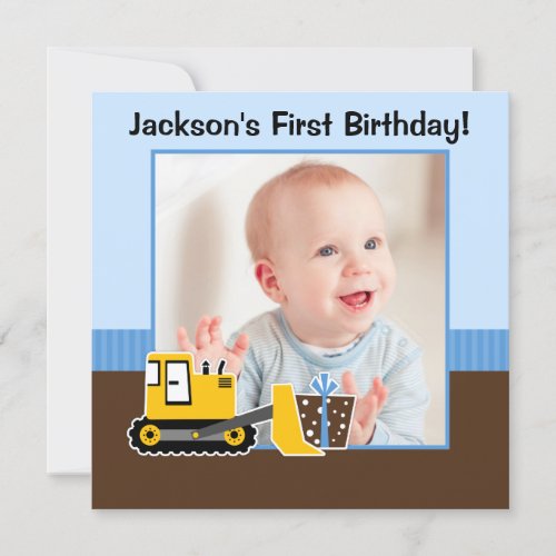 Construction Blue Brown 1st Birthday Boy Photo Personalized Invites