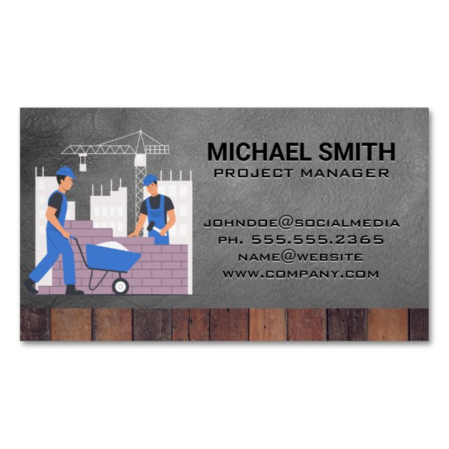 Construction Blue Collar Workers on Job Site Business Card Magnet (Front)