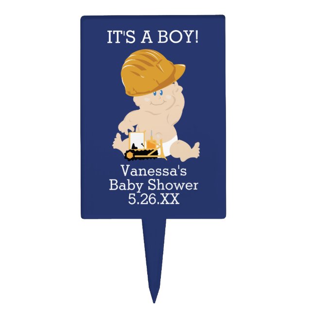 Construction Boy Baby Shower Cake Topper Pick (Front)