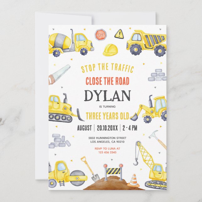 Construction Boy Birthday Invitation (Front)