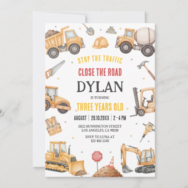 Construction Boy Birthday Invitation (Front)
