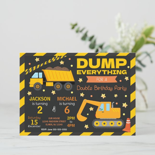 Construction Boy Siblings Joint Birthday Invitation (Standing Front)