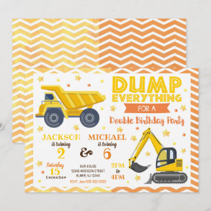 Construction Boy Siblings Joint Birthday Invitation