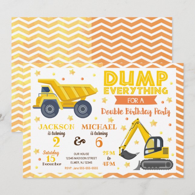 Construction Boy Siblings Joint Birthday Invitation (Front/Back)