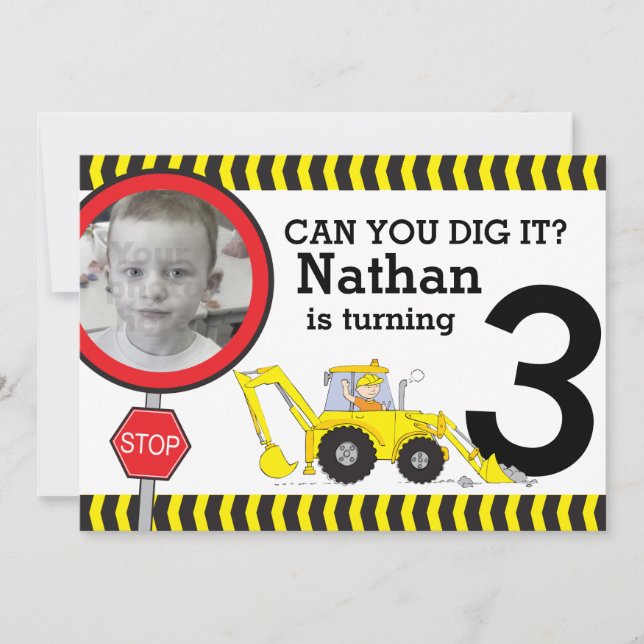 Construction boys 3rd birthday party invitation (Front)