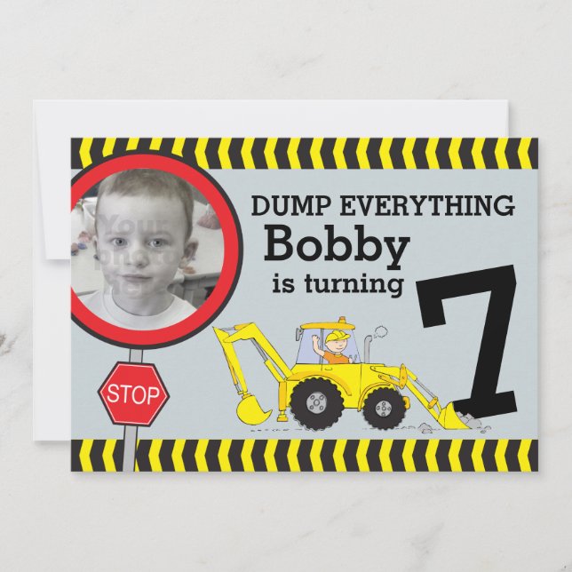 Construction boys 7th birthday party invitation (Front)