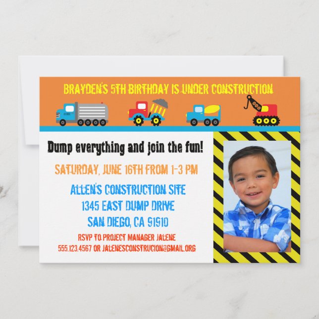 Construction Boys Birthday Invitation - Any Age (Front)