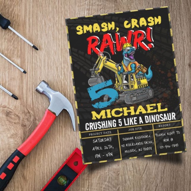 Construction Boys Birthday T Rex Dinosaur Party Invitation (Creator Uploaded)