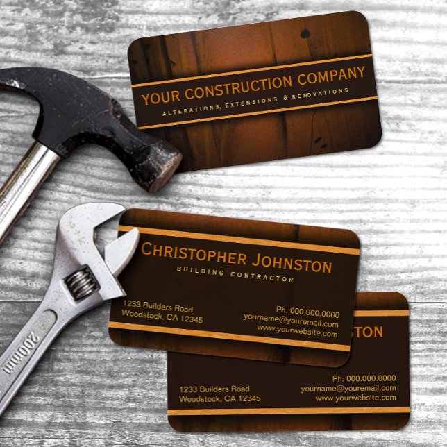 Construction Builder Contractor Faux Pine Wood Business Card (Creator Uploaded)